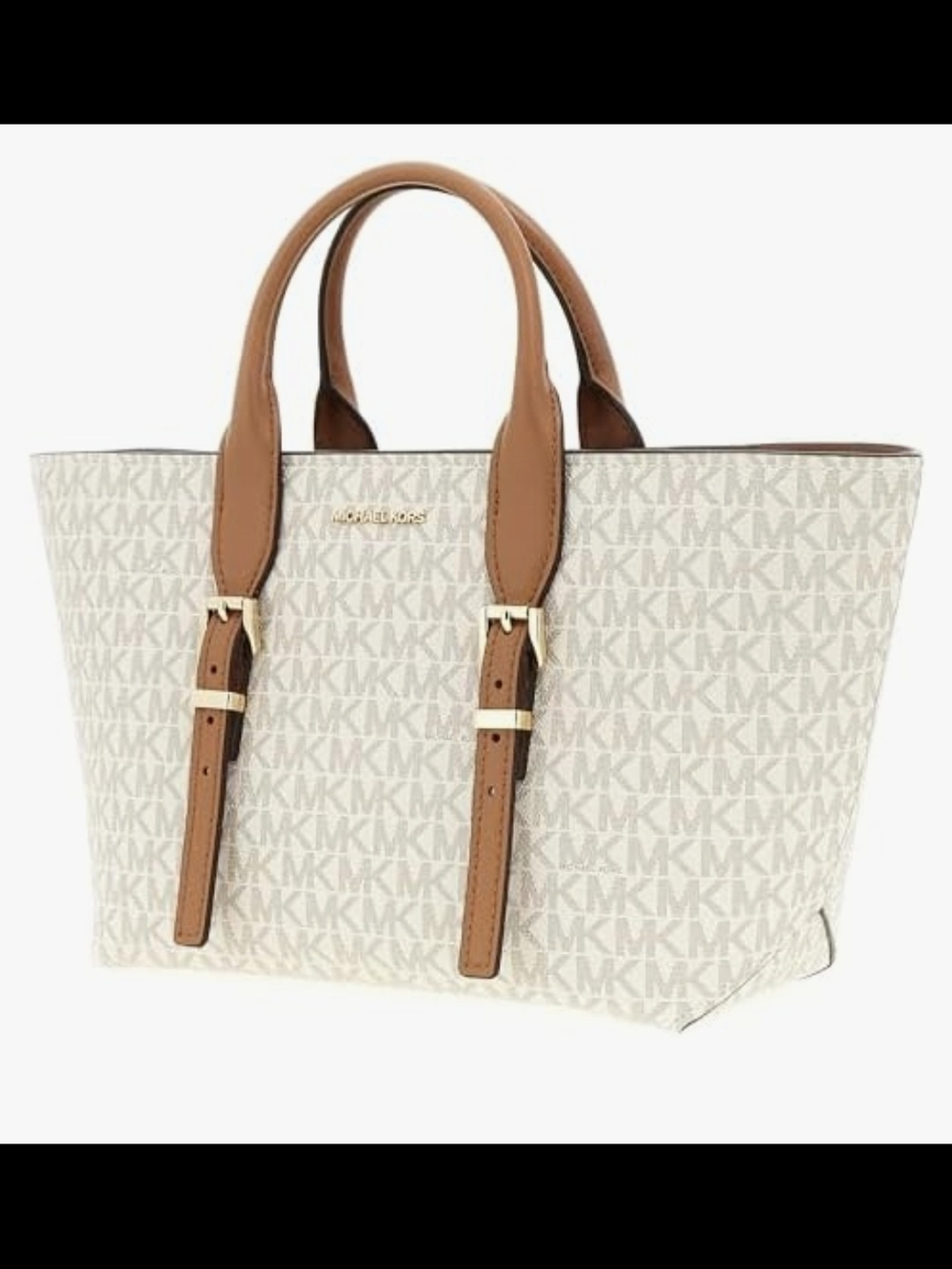 Michael Kors Cream Logo Tote with Brown Handles and Strap Gold Accents.